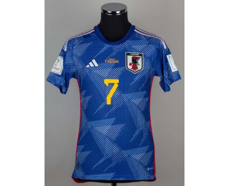 Gaku Shibasaki blue, withe and gold No.7 Japan v. Croatia match issued short-sleeved shirt, 2022, Adidas, S, with crew-neck c