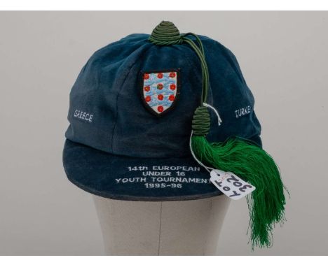 Ben Marshall blue England v. Greece and Turkey Under 16 cap, 1995-96, blue velvet cap with green tassel. embroidered GREECE T