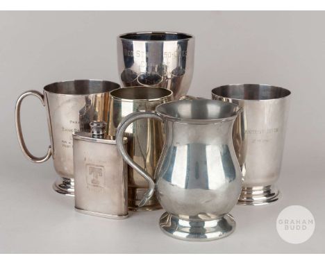 Lance Gibbs five various white-metal tankards, one inscribed Presented By Bank Breweries Ltd To Lance Gibbs For a Successful 