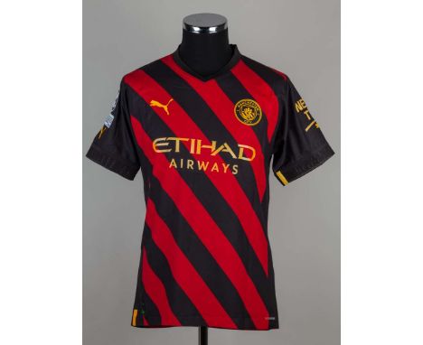 Cole Palmer red and black No.80 Manchester City short sleeved away shirt, 2022-23, Puma, size M, crew neck collar, printed ba