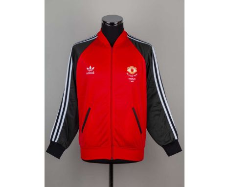 Mike Duxbury red and black Manchester United Milk Cup Final tracksuit top, 1983, Adidas, with zip-up front and embroidered ba