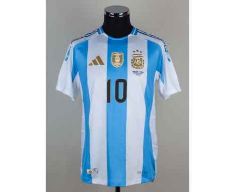 Lionel Messi blue and white No.10. Argentina v. Canada match issued short-sleeved shirt, 2024, Adidas, M, with crew-neck coll