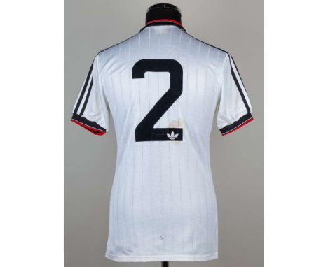 Mike Duxbury white and black No.2 Manchester United v. Liverpool match issued short-sleeved shirt, 1983, Adidas, Medium, with