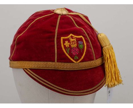 Raymond Price red Great Britain Rugby League cap, red velvet with embroidered Great Britain crest&nbsp;Provenance Bonhams Spo