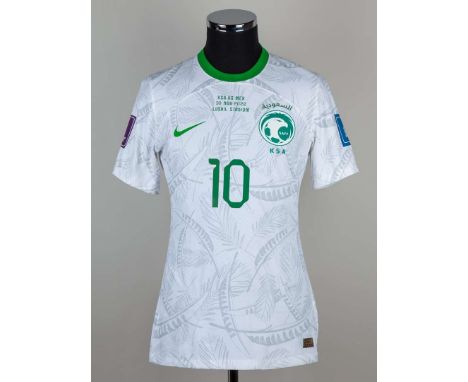 Salem Al-Dawsari white and green No.10 Saudi Arabia v. Mexico match issued short-sleeved shirt, 2022, Adidas, M, with crew-ne