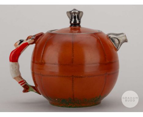Rare 1930’s Staffordshire pottery Manchester United teapot the handled model as a footballer in red and white strip, the base