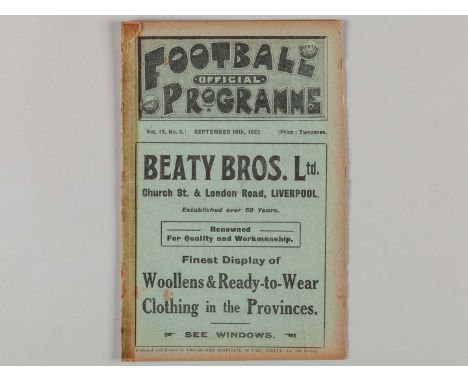 Liverpool v. Preston North End / Everton Reserves v. Frodsham combined match programme, 16th September 1922, spine taped.