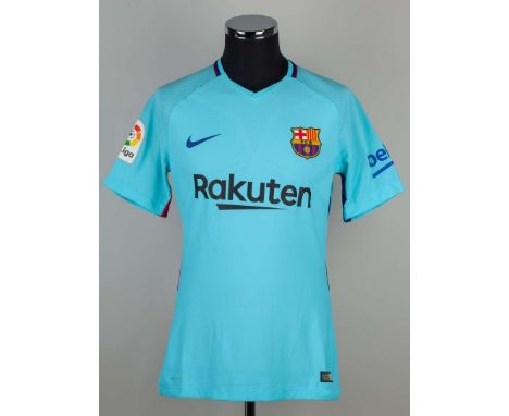 Arda Turan turquoise No.7 Barcelona match issued short-sleeved shirt, 2017-18, Nike, L, with v-neck collar and printed badge,