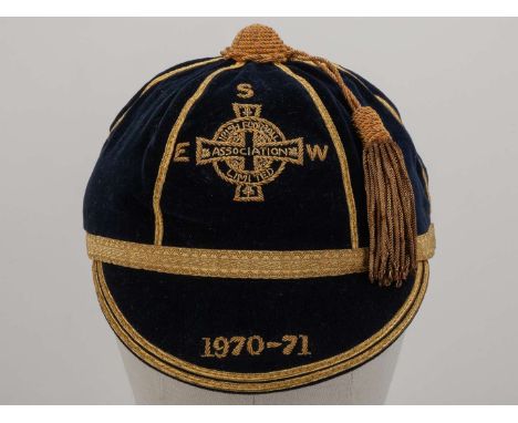 George Best blue Northern Ireland v. England, Scotland and Wales International cap, 1970-71, blue velvet cap with gilt tassel