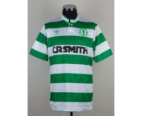 Green and white Celtic short-sleeved shirt, 1987-88, Umbro, L, with button-up collar and embroidered cloth badge inscribed TH