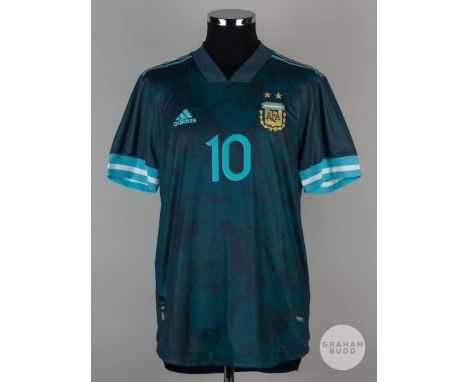 Lionel Messi No.10 Argentina v. Brazil match issued short-sleeved shirt, 2019, Adidas, 50, with v-neck collar and printed bad