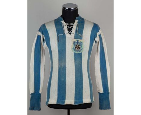 George Richardson blue and white striped Huddersfield Town FA Cup Final long sleeved shirt, 1920, lace up collar with embroid