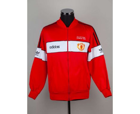 Mike Duxbury red and white Manchester United F.A.Cup final walk on tracksuit top, 1985, Adidas, with zip-up front and embroid