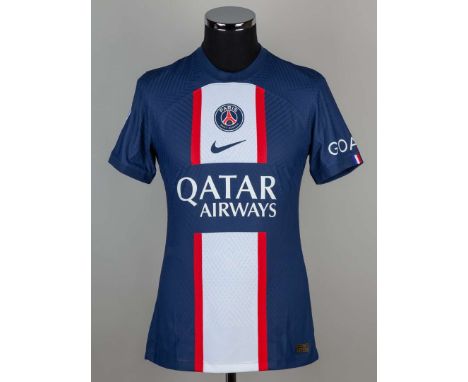 Lionel Messi blue and white No.30 Paris Saint Germain match issued short-sleeved shirt, 2022-23, Nike, M, with crew-neck coll