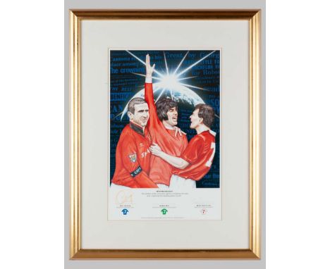 Manchester United “Seventh Heaven” lithograph, signed by Eric Cantona, George Best (faded) and Bryan Robson No.17 of a limite