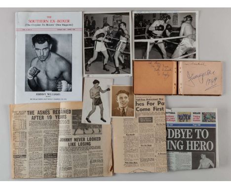 A boxing autograph book with autographs from Jack Gardner, Don Cockell, Johnny Williams, Bert Gilroy, Ray Wilding, Eddie Mill