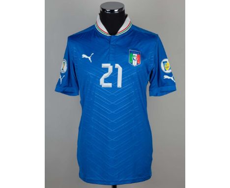 Andrea Pirlo blue Italy No.21 short sleeved shirt, 2012, player issue, Puma, L, crew neck collar with printed badge, back let