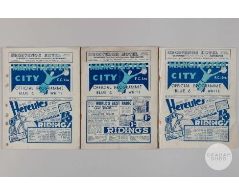 Three Manchester City home match programmes, 1938, comprising Sheffield United, 22nd October 1938, double punch holes, Covent