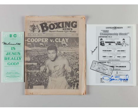 Vintage Boxing News newspaper, signed on the front by Muhammad Ali, 14th June 1963 and a signed Muhammad Ali and Leon Spinks 