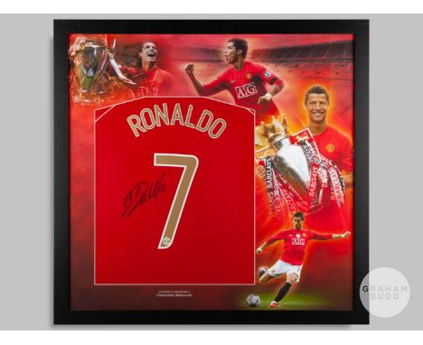 Cristiano Ronaldo red autographed Manchester United shirt, the back of the shirt autographed by Ronaldo, with images of Ronal