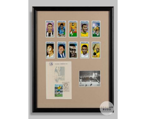 A collection of ten colour cards, a first day cover, black and white photographic print relating to Pele, with the small blac