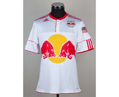 Thierry Henry white and red No.14 New York Red Bull match worn short-sleeved shirt, 2010-11, Adidas, L, with button-up collar