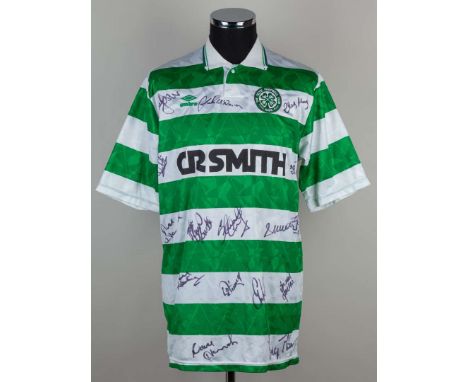 Green and white No.2 Celtic autographed short-sleeved shirt, 1989-91, Umbro, L, with button-up collar and embroidered cloth b