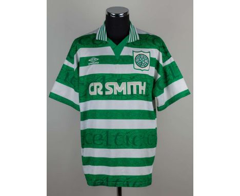 Pierre Van Hoijdoink green and white No.9 Celtic short-sleeved shirt, 1995-97, Umbro, XL, with v-neck collar and embroidered 