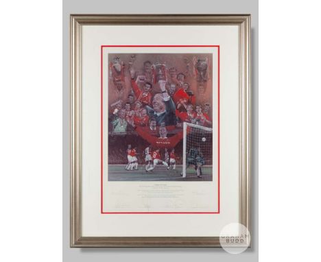 A large colour print commemorating the Manchester United Treble winners,&nbsp;a limited edition number of 272/750 written in 