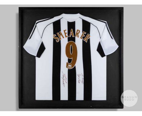 Alan Shearer black and white No.9 Newcastle United short-sleeved shirt, autographed and dedicated “To Richard, Best Wishes, A