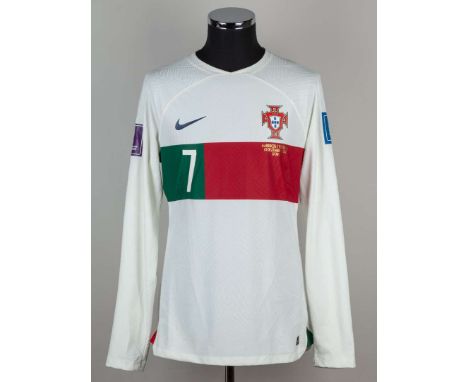 Cristiano Ronaldo white, red and green No.7 Portugal v. Morocco long-sleeved shirt, 2022, Nike, L, with crew-neck collar, pri