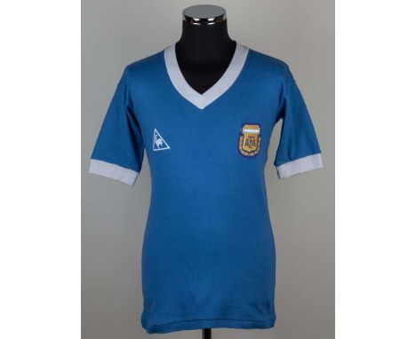 Maradona blue No.10 Argentina short-sleeved shirt, 1981, Le Coq Sportif, with v-neck collar and embroidered cloth badge inscr