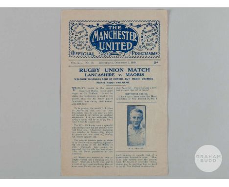 Lancashire v New Zealand Maori Rugby Union match programme, 1st December 1926, played at Manchester United, the New Zealand M