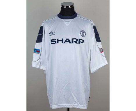 Jaap Stam white and blue No.6 Manchester United v. Arsenal Charity Shield short-sleeved shirt, 1999, Umbro, XXL, with crew-ne