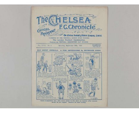 Chelsea v. Liverpool match programme, 24th September 1921, signs of folds, pencil text scores.