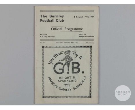 Burnley v. Arsenal F.A.Cup, 5th round match programme, 20th February 1937, some interior staining sign of fold.