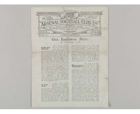 Arsenal v. Liverpool match programme, 6th September 1924, folds.