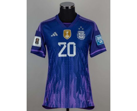 Alexis MacAllister blue and purple No.20 Argentina match issued short-sleeved shirt, Adidas, S, with v-neck collar, printed b