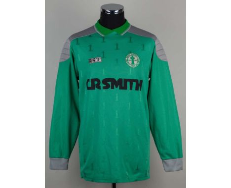 Rare green and grey No.1 Celtic goalkeepers shirt, 1988s, Umbro, 109-112cm, with crew-neck collar and embroidered cloth badge