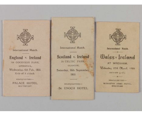 Three International itineraries comprising England v. Ireland at Goodison Park, 6th February 1935, Wales v. Ireland at Wrexha