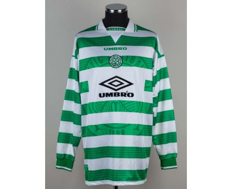 Craig Burley green and white No.8 Celtic long-sleeved shirt, 1997-98, Umbro, XL, with v-neck style collar and embroidered clo