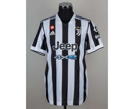 Cristiano Ronaldo black and white No.7 Juventus short-sleeved shirt, 2021-22, Adidas, size 7, v-neck collar, printed badge th