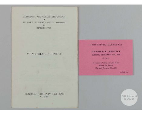 Manchester Cathedral Memorial Service and entrance ticket, 23rd February 1958, in memory of those who died in the Munich Air 