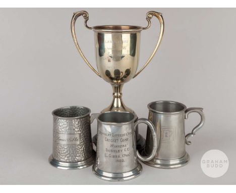 Lance Gibbs white-metal two-handled trophy, 1971, inscribed LANCE GIBBS, WINNER OF THE Reg Hayter “CRICKETERS'” CRICKETER CUP