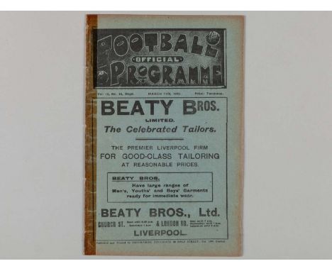 Liverpool v. Blackburn Rovers / Everton Reserves v. Preston Reserve combined match programme, 11th March 1922, spine taped.