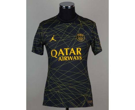 Lionel Messi black and yellow No.30 Paris Saint Germain match issued short-sleeved shirt, 2022-23, Nike, M, with crew-neck co