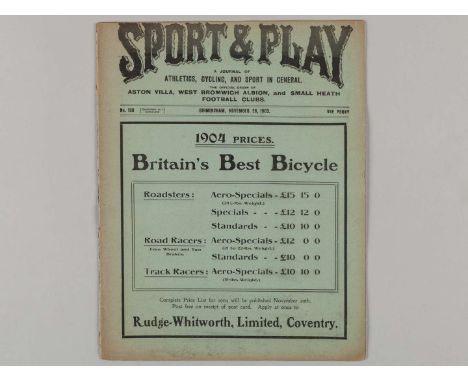 Sport & Play magazine Aston Villa v. Liverpool, 28th November 1903, 16-pages, fragile, pages detached at the spine, tears and