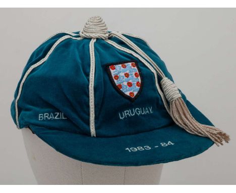 Mike Duxbury blue England v. Brazil, Uruguay and Chile International cap, 1983-84, blue velvet cap with silver tassel and sil