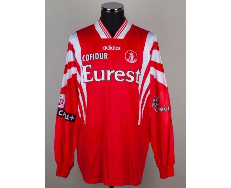 Thierry Henry red and white No.12 Monaco match worn long-sleeved shirt, 1997-98, Adidas, 48-49, with v-neck collar printed ba