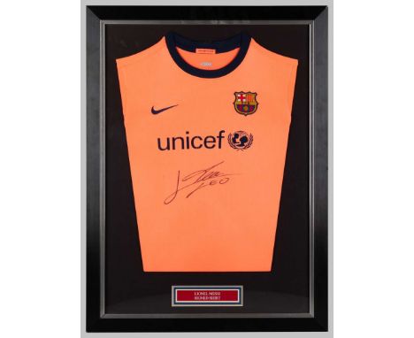 A Barcelona autographed Lionel Messi shirt, framed and glazed, 77 x 58cm